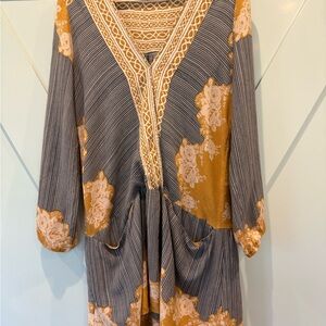 Free People Blue V-Neck Bishop Sleeve Dress